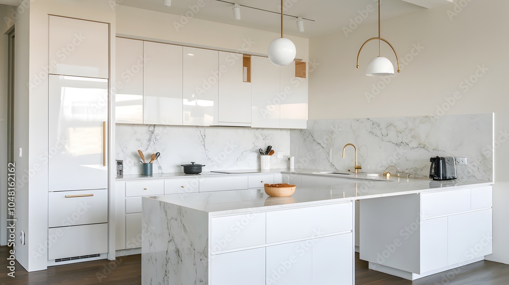 Fototapeta premium a minimalist open-plan kitchen with clean white cabinets and marble countertops.