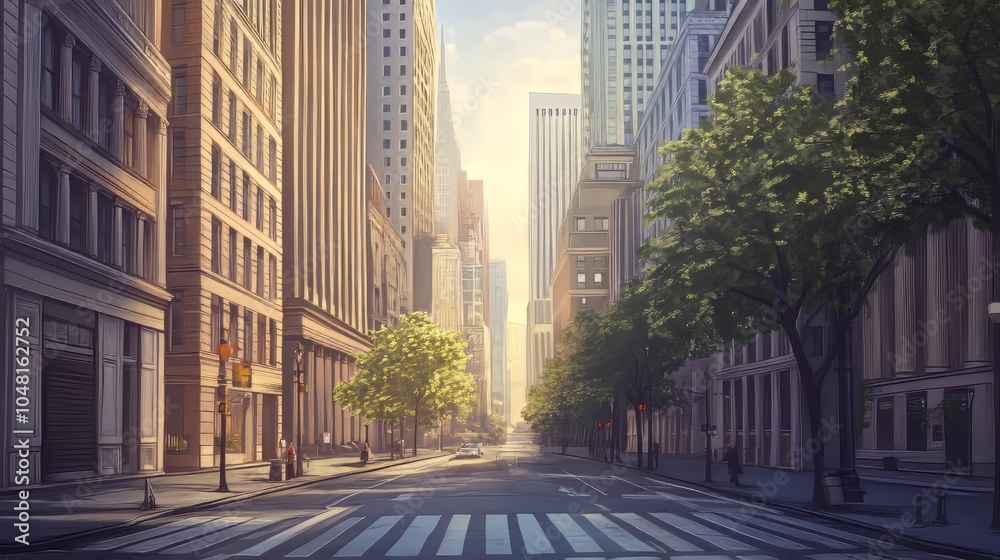 Picture of a quiet city, with a background of tall buildings, clean atmosphere, depicting peace in urban life Picture of a quiet city, with a background of tall buildings, clean atmosphere, depicting peace in urban life