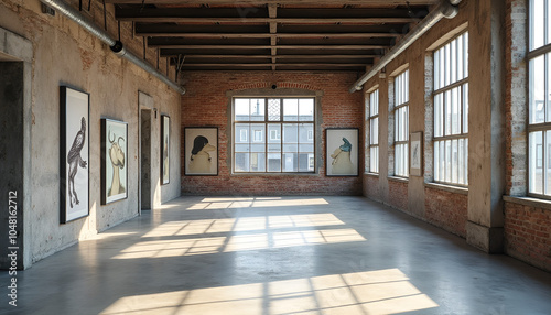 Art gallery with empty walls, large windows, and framed artwork in natural light