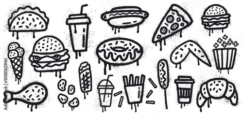 Vector collection of instant food hand-drawn in graffiti style in black