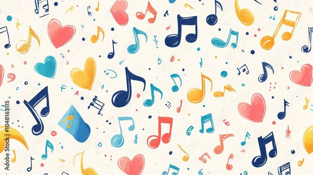 Colorful Music Notes and Hearts Seamless Pattern Background