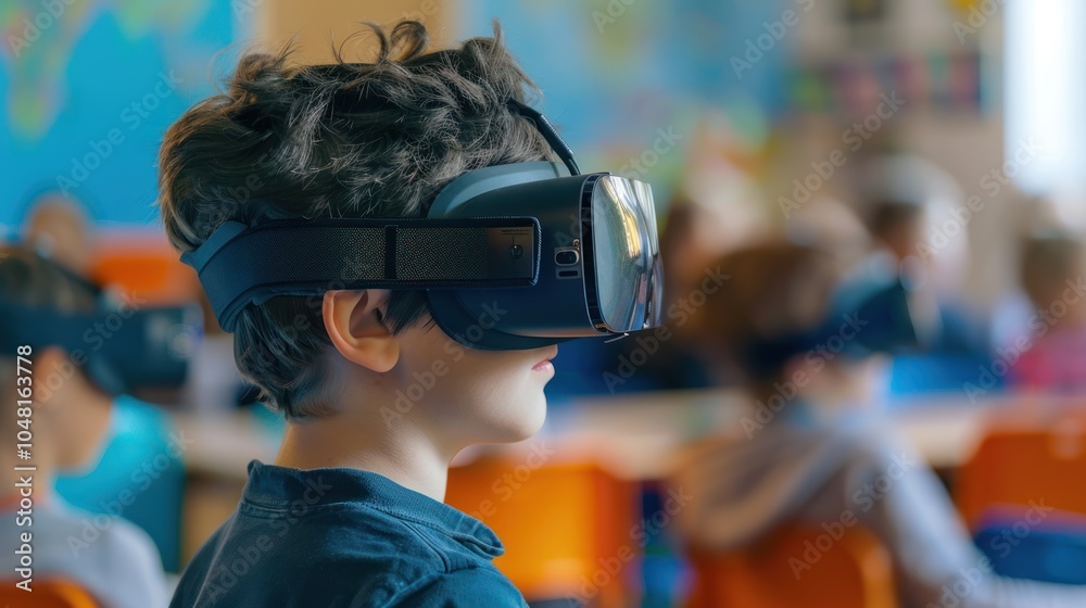 Boy Wearing Virtual Reality Headset in a Classroom Boy Wearing Virtual Reality Headset in a Classroom