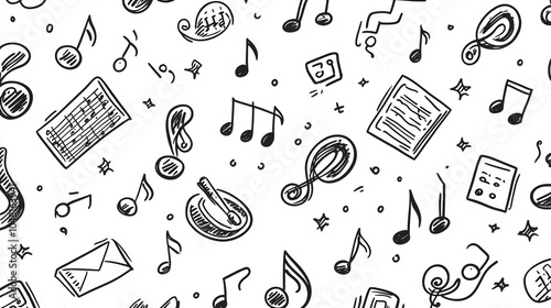 Hand Drawn Music Seamless Pattern   Musical Notes  Instruments  Staff  Background Illustra photo