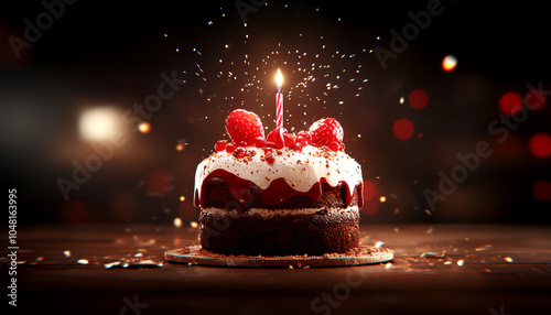 Delightful Birthday Chocolate Cake with Sparkling Candle A Celebration of Sweetness and Joy photo