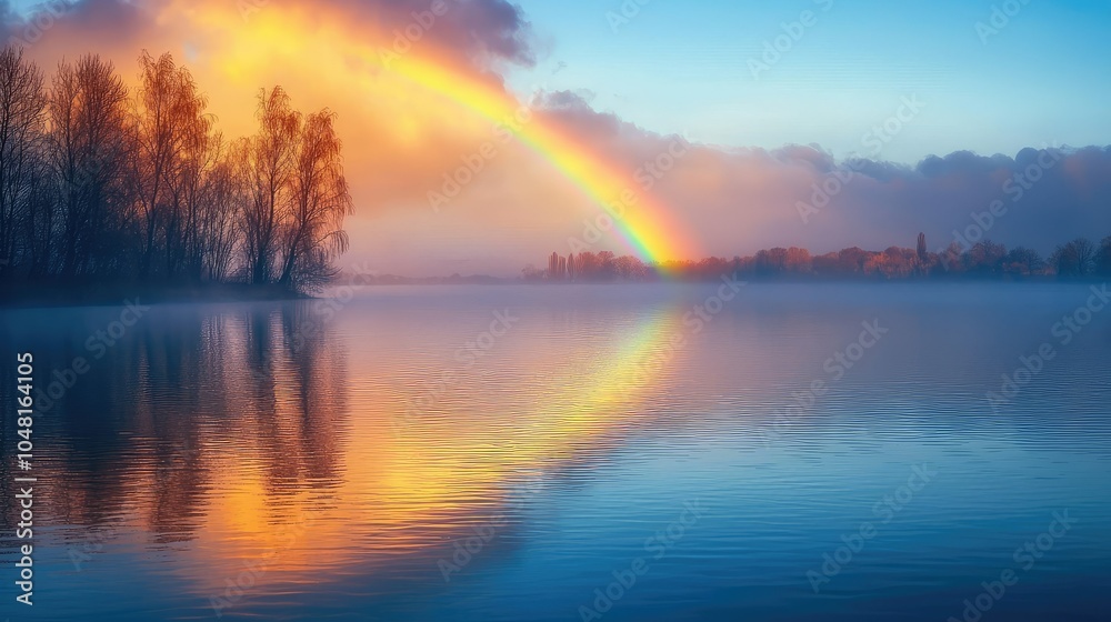 Tranquil Rainbow Over Calm River Scene Tranquil Rainbow Over Calm River Scene