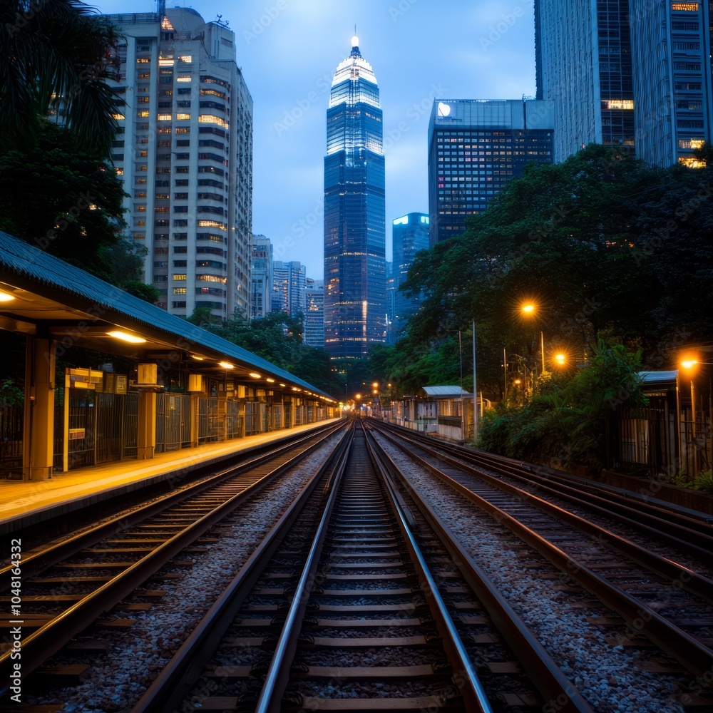 Urban train tracks leading to a skyscraper in a cityscape at dusk. Urban train tracks leading to a skyscraper in a cityscape at dusk.