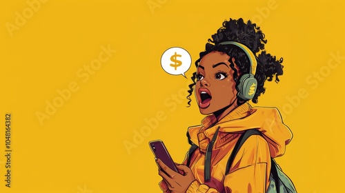 Obraz na płótnie Black girl expressing surprise with smartphone w salonie