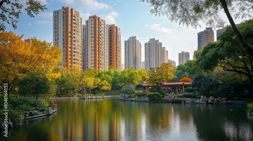 Picture of a quiet city, with a background of tall buildings, clean atmosphere, depicting peace in urban life