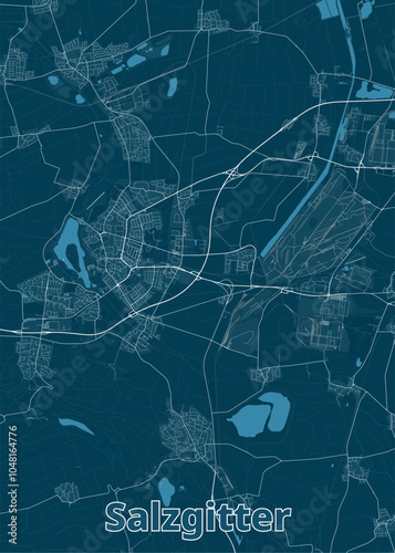 Map of Salzgitter, Germany, rendered in a minimalist style. The map features a dark blue background with white lines representing roads and streets.