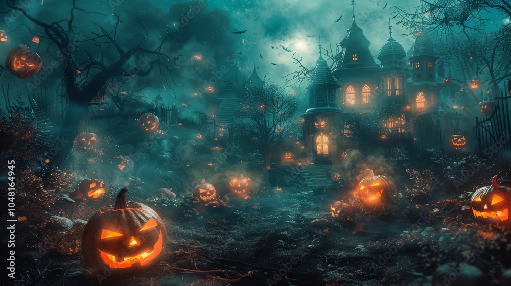 Haunted Halloween Night: A mystical and eerie scene of a haunted house shrouded in fog and surrounded by glowing jack-o'-lanterns. The full moon casts an ominous glow on the night. Haunted Halloween Night: A mystical and eerie scene of a haunted house shrouded in fog and surrounded by glowing jack-o'-lanterns. The full moon casts an ominous glow on the night.
