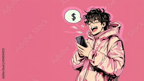 Young man excitedly looking at smartphone