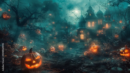 Haunted Halloween Night: A mystical and eerie scene of a haunted house shrouded in fog and surrounded by glowing jack-o'-lanterns. The full moon casts an ominous glow on the night.