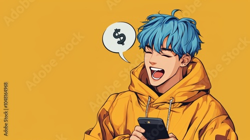Blue-haired young man smiling with dollar sign