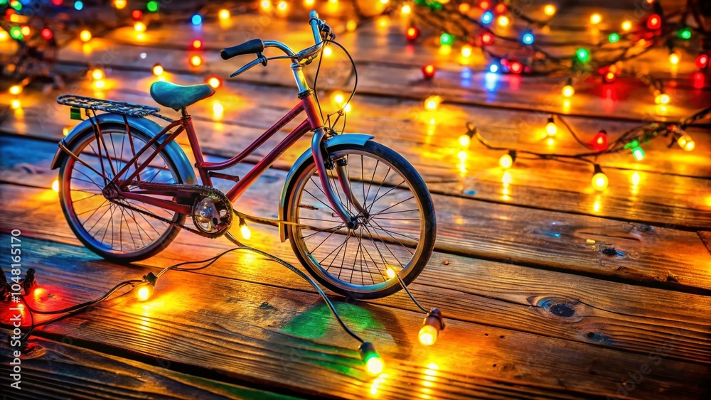 Fototapeta premium Bicycle Toy Adorned with Christmas Lights on Rustic Wooden Planks for Festive Holiday Decor
