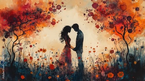 Silhouetted couple in a vibrant, romantic watercolor landscape at sunset.