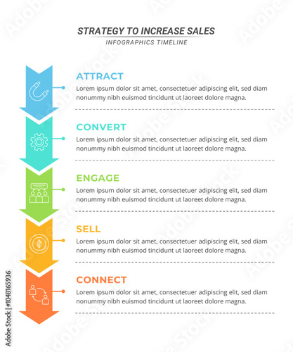 Vertical Arrow Infographic Timeline with 5 Steps and Editable Text on a 16:9 Layout for Business Presentations, Management, and Evaluation.