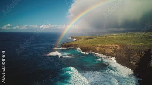 Aerial View of Rainbow Over Coastal Cliff