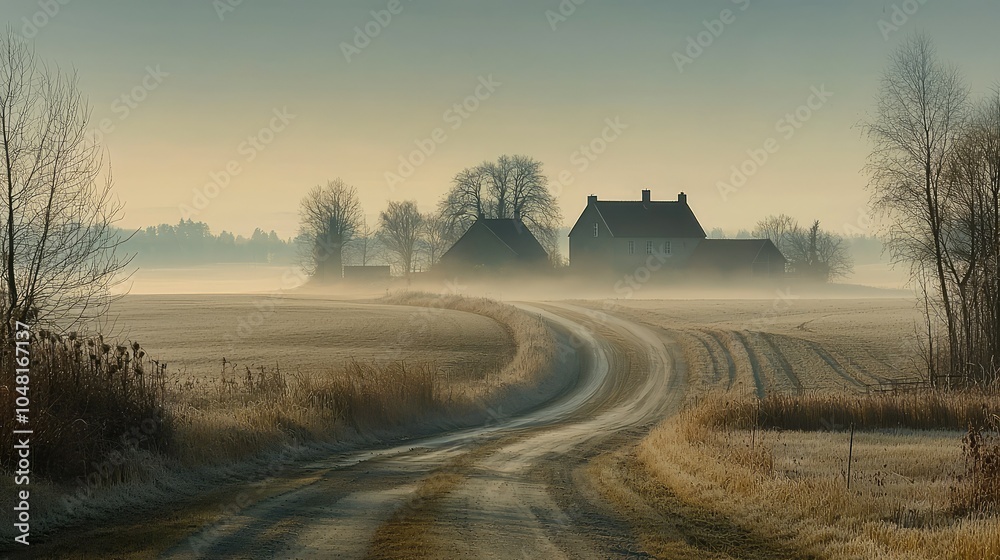 Dusty Road with Atmospheric View Across Fields Dusty Road with Atmospheric View Across Fields