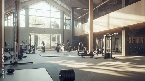 Clean and modern gym space filled with fitness equipment like barbells, cable machines, and cardio bikes, with large mirrors reflecting the open layout.