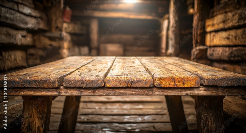 Close-up view of a rustic wooden table with warm lighting in a cozy cabin setting. Close-up view of a rustic wooden table with warm lighting in a cozy cabin setting.
