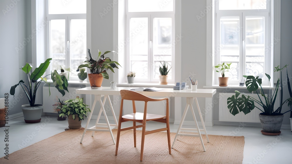 a minimalist Scandinavian home office with a white desk and a wooden chair. a minimalist Scandinavian home office with a white desk and a wooden chair.