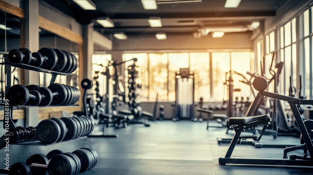 Obraz premium Contemporary gym with fitness equipment, including dumbbells, kettlebells, and resistance machines, in a well-lit room with large mirrors and minimalist design.