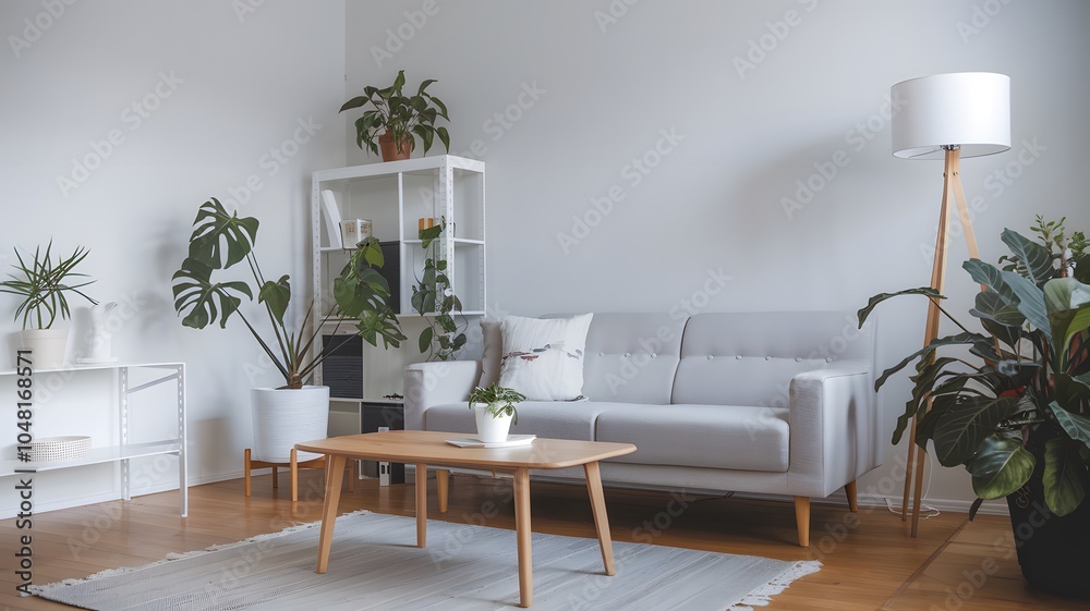 a minimalist Scandinavian living room with a grey sofa, indoor plants, and a wooden coffee table. a minimalist Scandinavian living room with a grey sofa, indoor plants, and a wooden coffee table.