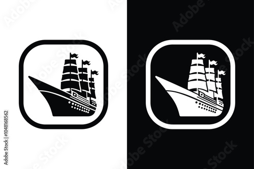 Sail Away Classic Ship Silhouette Icons With Black And White Contrast.