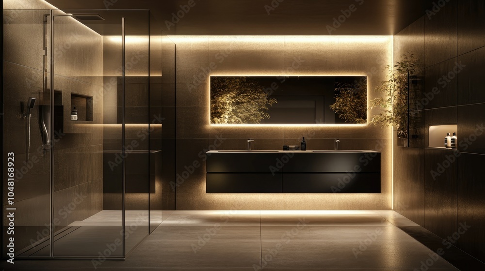 Fototapeta premium Luxurious modern bathroom with a frameless shower, a wide mirror above a floating vanity, and elegant lighting creating a fresh, clean look.
