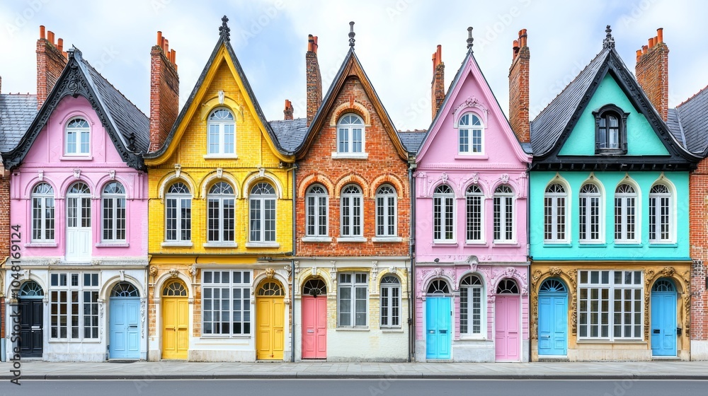 Fototapeta premium Colorful row of vintage houses with unique architectural designs on a cloudy day.