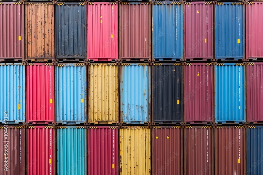 Colorful shipping containers stacked together in a structured arrangement. Colorful shipping containers stacked together in a structured arrangement.