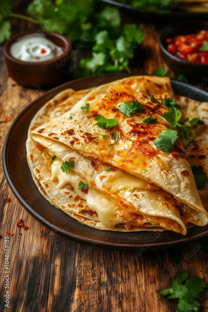 Delicious Cheesy Stuffed Flatbreads Garnished With Fresh Herbs, Served on a Rustic Wooden Table Alongside Dipping Sauces Delicious Cheesy Stuffed Flatbreads Garnished With Fresh Herbs, Served on a Rustic Wooden Table Alongside Dipping Sauces