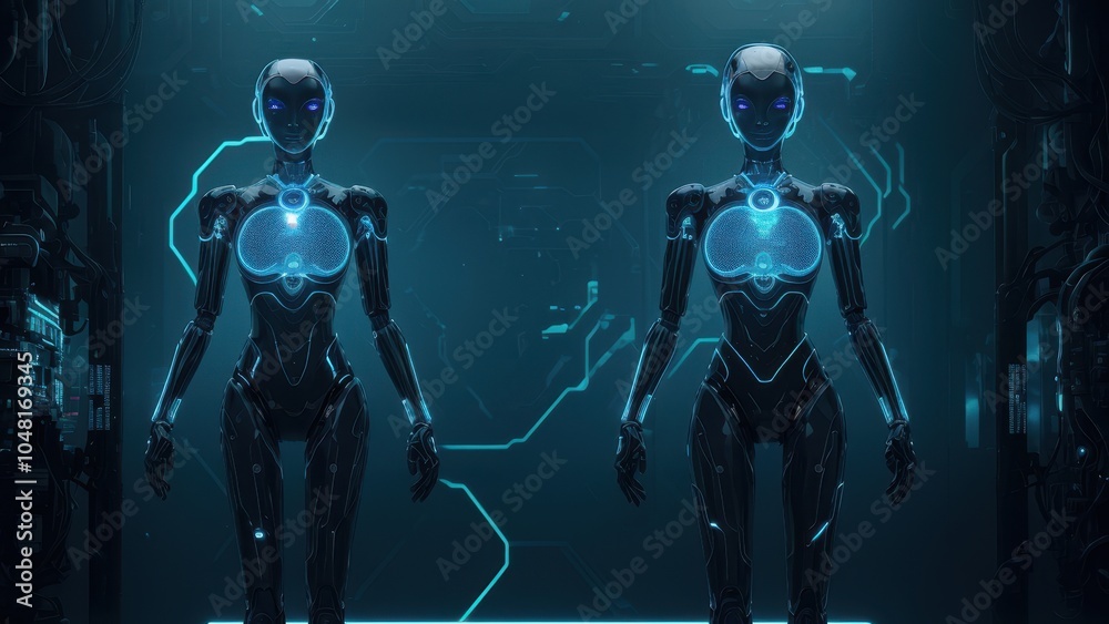 Fototapeta premium Two futuristic humanoid robots with glowing circuitry and vibrant eyes stand in a high-tech environment. Ideal for sci-fi and cybernetic themed visuals showcasing advanced artificial intelligence