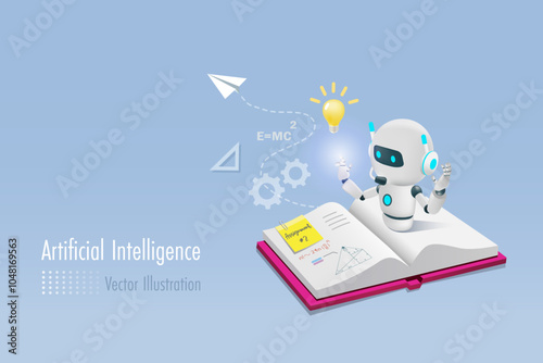 AI Artificial intelligence robot on textbook assist student doing homework assignment. AI generates information and provide smart solution. Education Technology. 3D Vector.