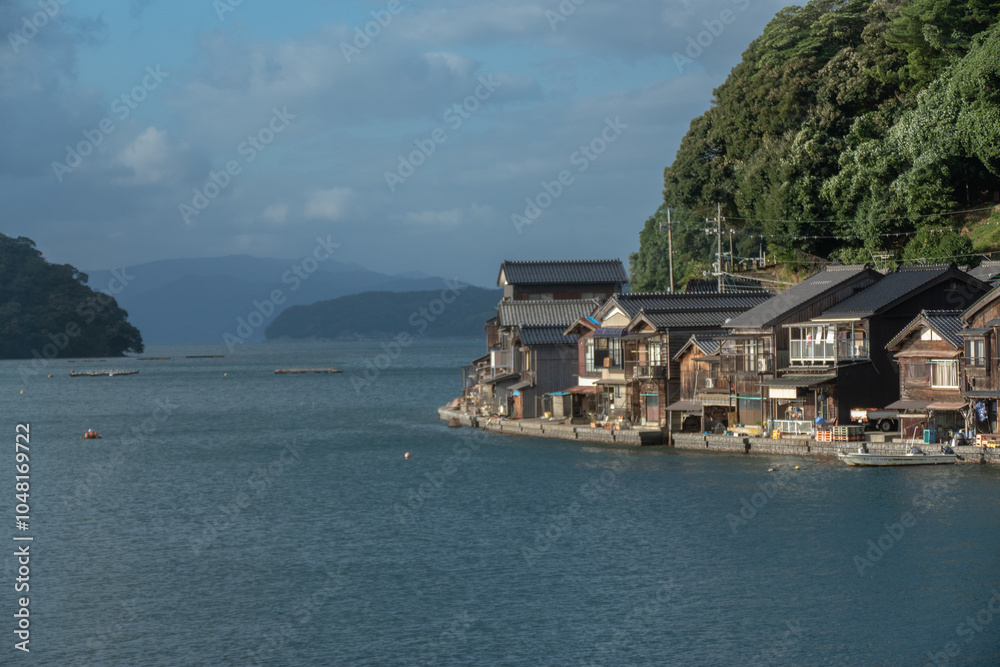 Funaya Boathouses in Ine fisherman village Kyoto Prefecture, The funayas were originally constructed to lift fishermen's wooden boats from the sea