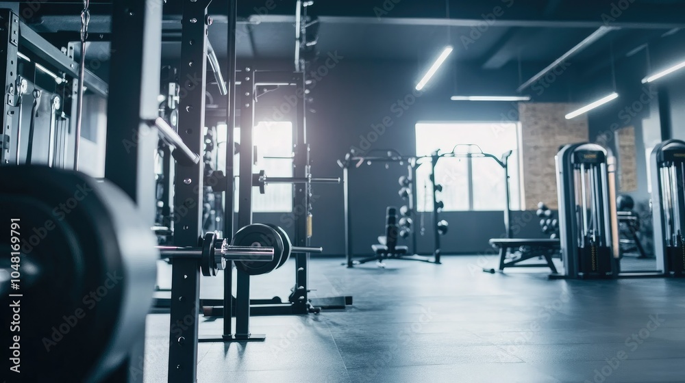 Fototapeta premium Modern gym with polished equipment, including squat racks, kettlebells, and elliptical machines, designed for professional and personal workouts.