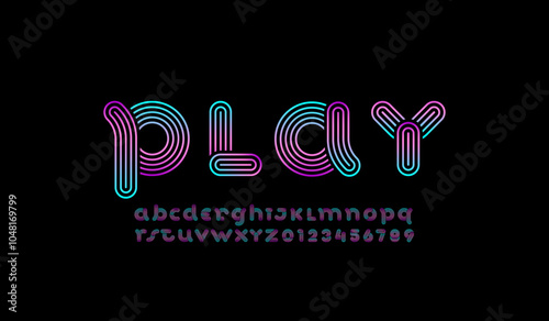 Alphabet striped disco font, bright letters A, B, C, D, E, F, G, H, I, J, K, L, M, N, O, P, Q, R, S, T, U, V, W, X, Y, Z and numerals 0, 1, 2, 3, 4, 5, 6, 7, 8, 9