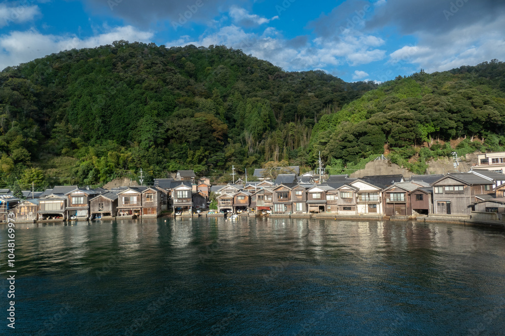 Funaya Boathouses in Ine fisherman village Kyoto Prefecture, The funayas were originally constructed to lift fishermen's wooden boats from the sea