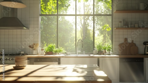 Modern kitchen with white tile walls and a rustic wooden table, sunlight streaming in through large windows revealing lush green trees outside.