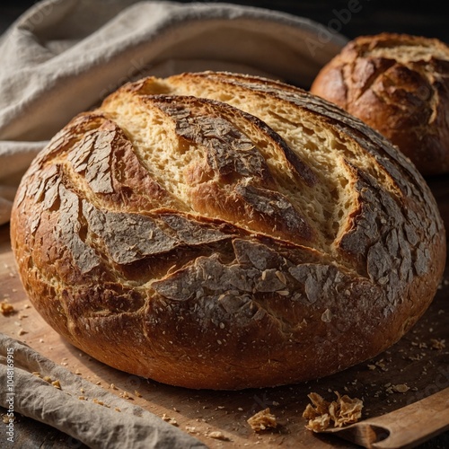 A close-up of a freshly baked loaf of sourdough bread with a crackling golden crust and soft, airy interior.