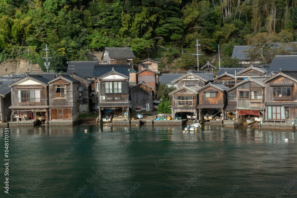 Funaya Boathouses in Ine fisherman village Kyoto Prefecture, The funayas were originally constructed to lift fishermen's wooden boats from the sea