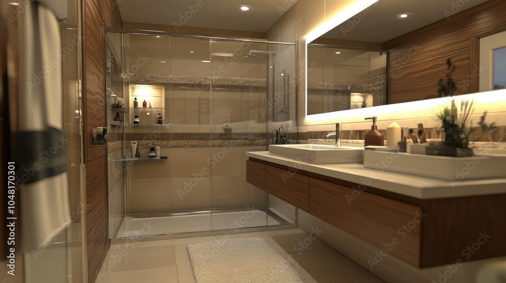 Sleek bathroom featuring a wide mirror, glass shower with contemporary tiles, and complete bathroom accessories in a modern setting. Sleek bathroom featuring a wide mirror, glass shower with contemporary tiles, and complete bathroom accessories in a modern setting.