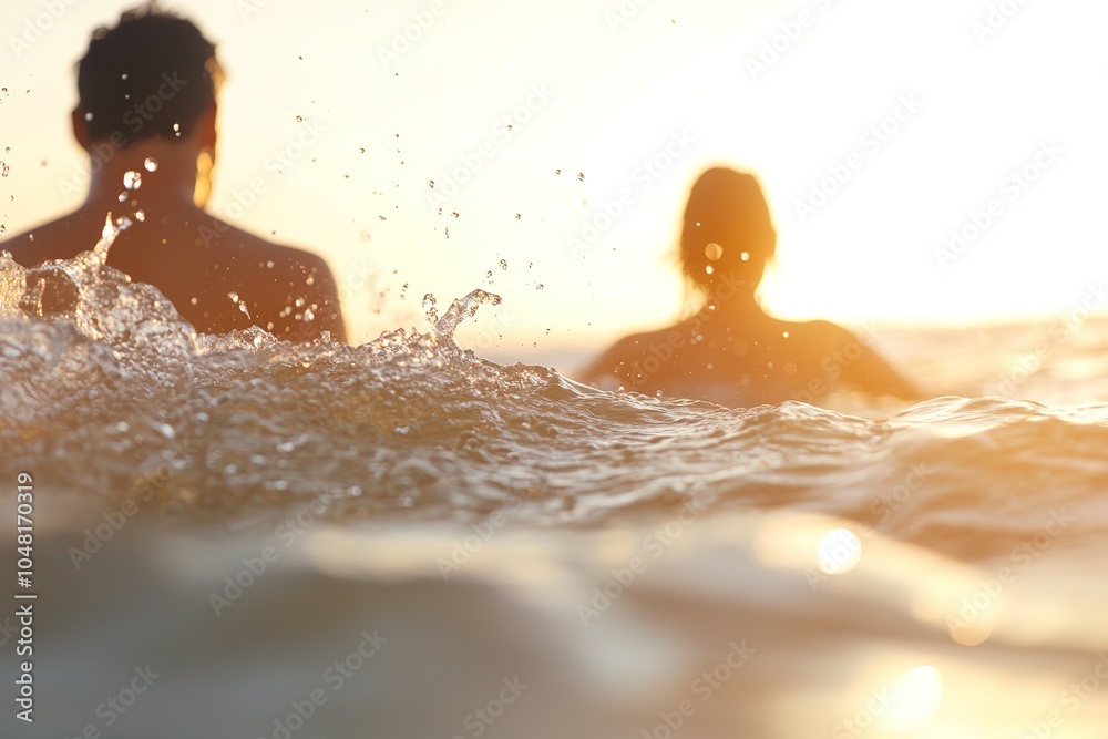 Obraz premium Golden sunset sea swim, silhouetted people in water, splashes.