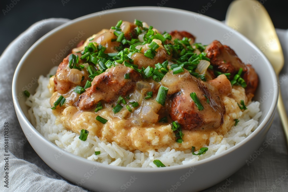 Delicious bowl of rice topped with savory chicken and creamy sauce, garnished with fresh herbs. Delicious bowl of rice topped with savory chicken and creamy sauce, garnished with fresh herbs.