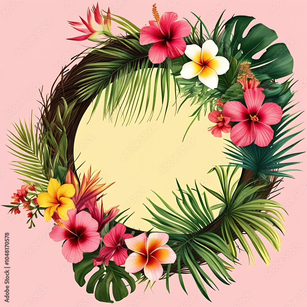 Obraz premium A circular photo frame decorated with a detailed wreath of tropical flowers, including hibiscus, plumeria, and palm leaves