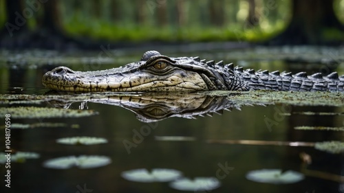 A crocodile glides through a serene, lily-covered water surface in a tranquil environment.