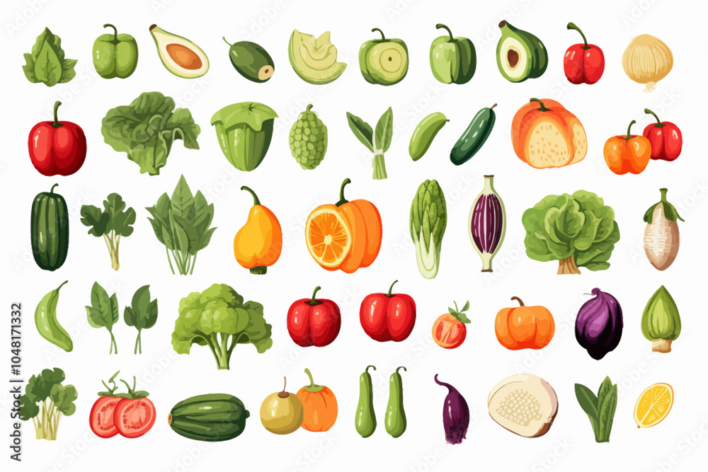 Set of fruits and vegetables on white background Set of fruits and vegetables on white background