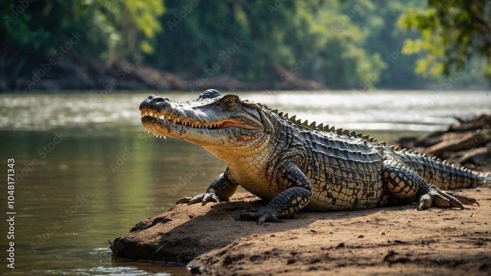 A crocodile basking on the riverbank in a lush, natural environment. A crocodile basking on the riverbank in a lush, natural environment.