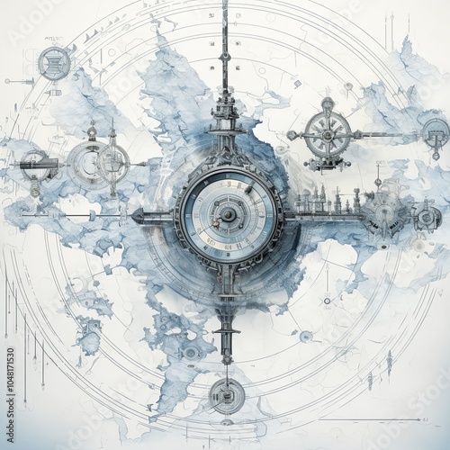 Mechanical compass with architectural elements and gears. Digital illustration on white background. photo