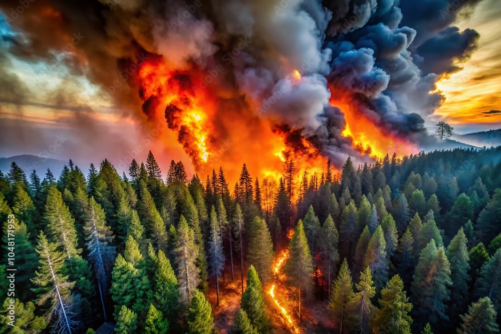 Fototapeta premium Captivating Forest Fire Landscape with Dramatic Skies and Fiery Flames for Natural Disaster Awareness
